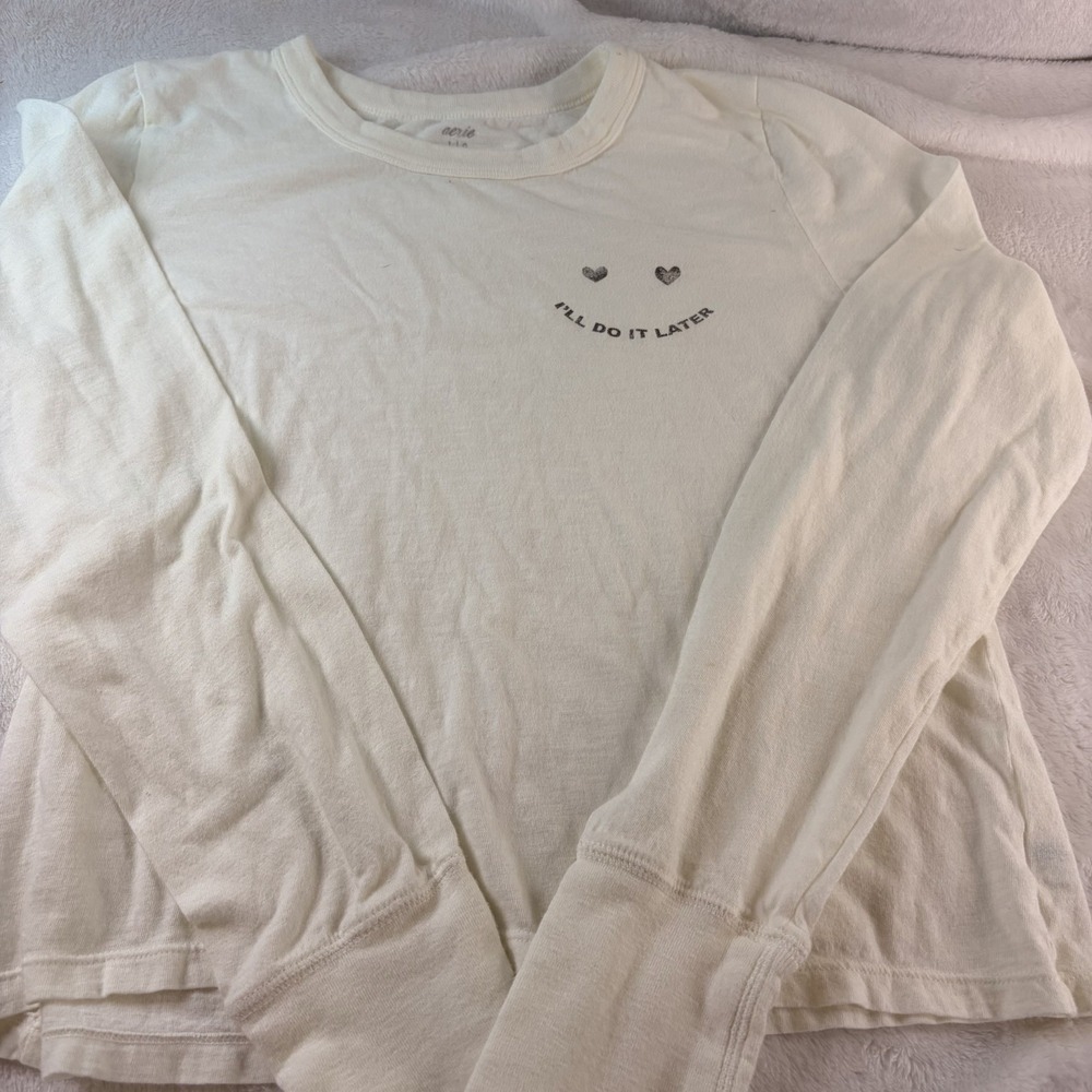 Aerie "I'll Do It Later" Heart Smiley Graphic Long Sleeve Tee Streetwear Layer